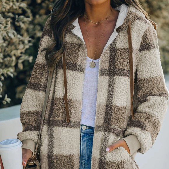 RitzyTreasures Jackets & Blazers - Khaki Plaid Print  Fleece Hoodie Jacket NWOT